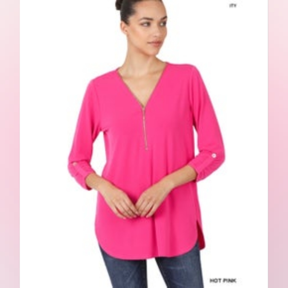 Zenana 3/4 sleeve blouse with zipper! Best seller!